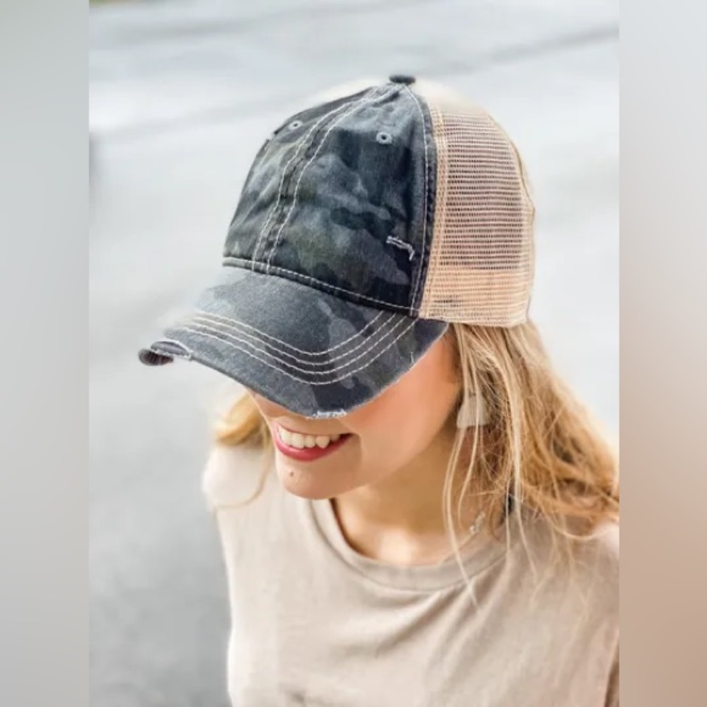 C.C Ponytail Trucker Mesh Hat with Hole Adjustable Camo Camouflage Baseball Cap